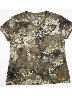 SHE Outdoor Womens Camo V-Neck T-Shirt Strata Pattern Short Sleeve Hunting Large